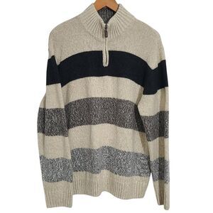 Tricots St Raphael Men's Sweater 1/4 Zip Pullover Tan Black Gray Stripe XL